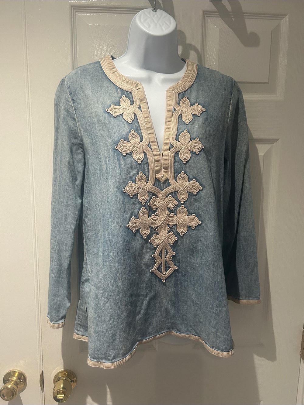 J. Crew Light Blue Denim-Style Long Sleeve Top with Cream Trim